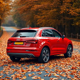 A sleek red Audi Q3 prominently featuring the Q3 logo on the left side, captured at a dynamic angle from the rear to emphasize its stylish and sporty aesthetics