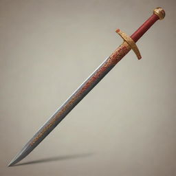 Create a 2D animated image of a traditional Filipino sword with a handle colored in hues of red, brown, and gold.