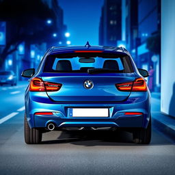 A sleek blue BMW Series 1 displayed at a dynamic angle from the rear, showcasing its modern and stylish design