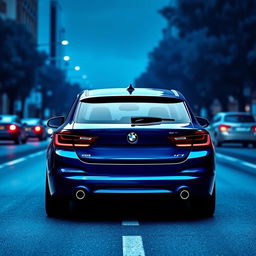 A sleek blue BMW Series 1 displayed at a dynamic angle from the rear, showcasing its modern and stylish design