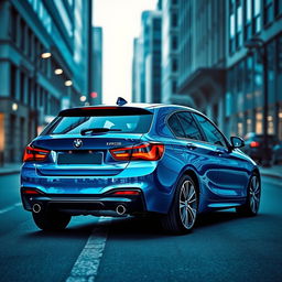 A sleek blue BMW Series 1 shown at a dynamic angle from the rear, highlighting its modern curves and sporty aesthetic