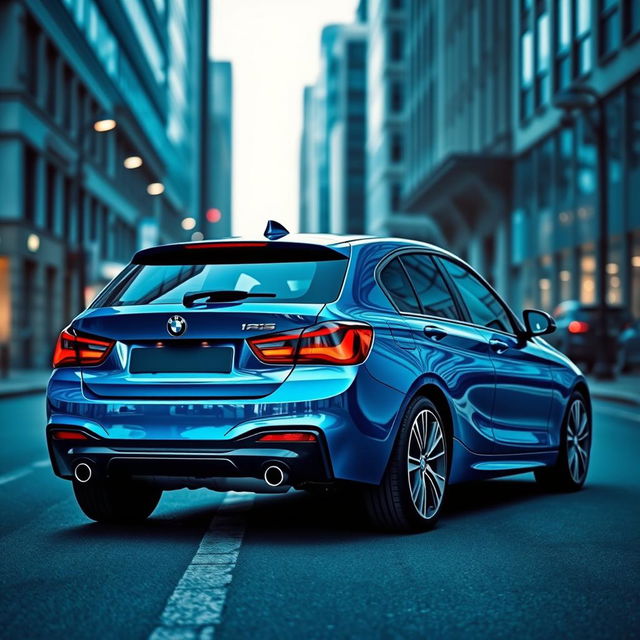 A sleek blue BMW Series 1 shown at a dynamic angle from the rear, highlighting its modern curves and sporty aesthetic