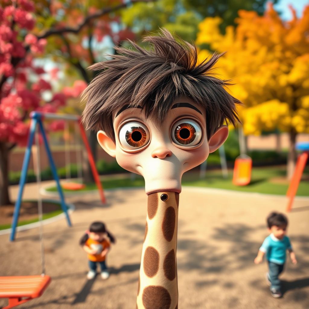 Buster, a boy with oversized, big eyes, is portrayed standing on a long, slender neck