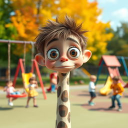 Buster, a boy with oversized, big eyes, is portrayed standing on a long, slender neck