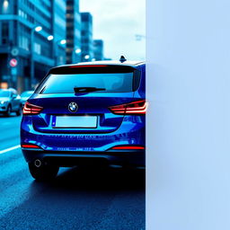 A sleek blue BMW Series 1 shown at a dynamic angle from the rear, highlighting its modern curves and sporty aesthetic