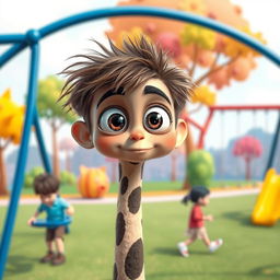 Buster, a boy with oversized, big eyes, is portrayed standing on a long, slender neck