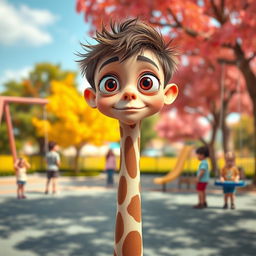 Buster, a boy with oversized, big eyes, is portrayed standing on a long, slender neck