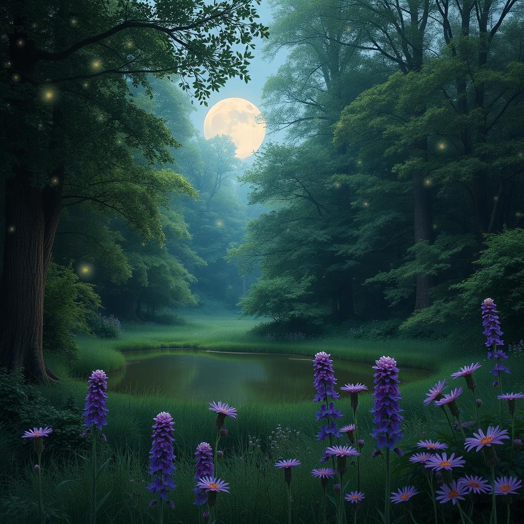 A serene and enchanting forest scene at twilight, where the soft glow of fireflies dances in the air among the lush green trees