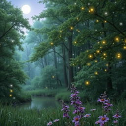 A serene and enchanting forest scene at twilight, where the soft glow of fireflies dances in the air among the lush green trees