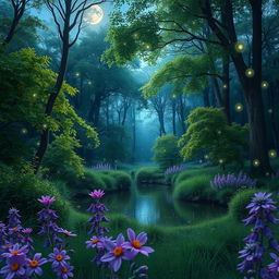 A serene and enchanting forest scene at twilight, where the soft glow of fireflies dances in the air among the lush green trees