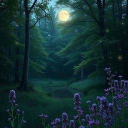 A serene and enchanting forest scene at twilight, where the soft glow of fireflies dances in the air among the lush green trees