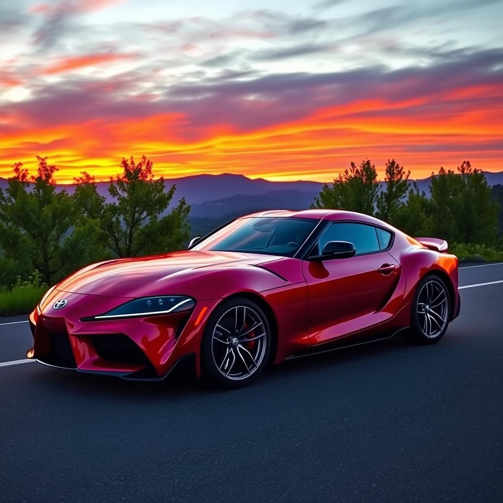 A stunning Toyota Supra MK4 parked on a scenic mountain road during sunset