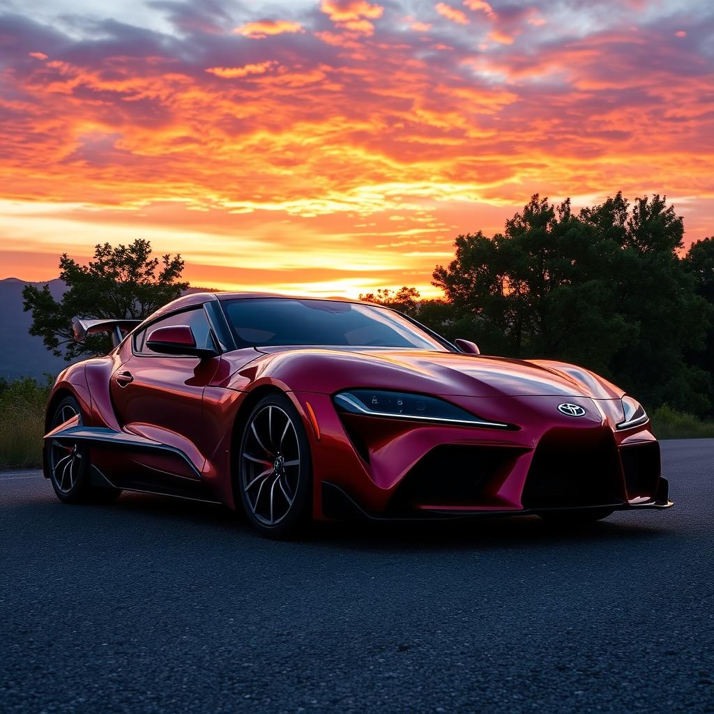 A stunning Toyota Supra MK4 parked on a scenic mountain road during sunset