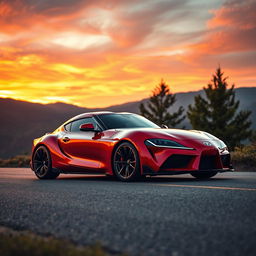 A stunning Toyota Supra MK4 parked on a scenic mountain road during sunset