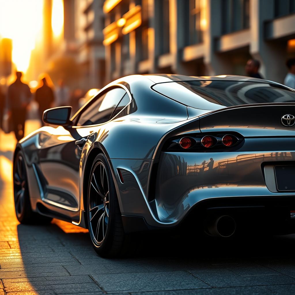 A stunning Toyota Supra MK4 parked in a sleek urban setting, showcasing its iconic aerodynamic design, glinting metallic paint, and sporty contours