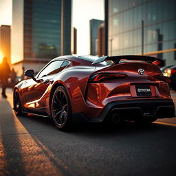 A stunning Toyota Supra MK4 parked in a sleek urban setting, showcasing its iconic aerodynamic design, glinting metallic paint, and sporty contours