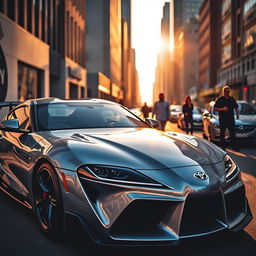 A stunning Toyota Supra MK4 parked in a sleek urban setting, showcasing its iconic aerodynamic design, glinting metallic paint, and sporty contours