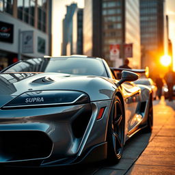 A stunning Toyota Supra MK4 parked in a sleek urban setting, showcasing its iconic aerodynamic design, glinting metallic paint, and sporty contours