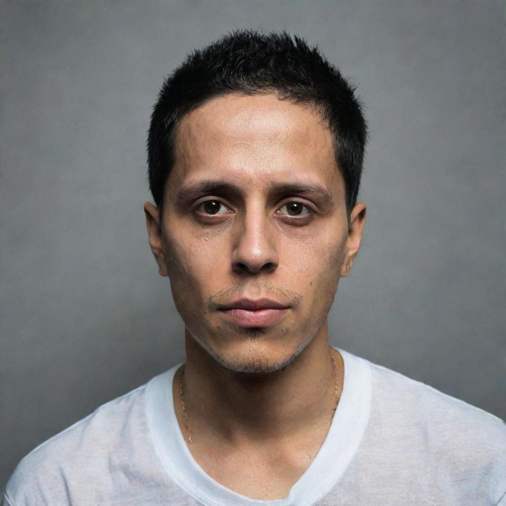 A striking portrait of the late Venezuelan rapper Canserbero, capturing his charismatic persona and deep connection to his music.