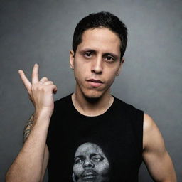 A striking portrait of the late Venezuelan rapper Canserbero, capturing his charismatic persona and deep connection to his music.