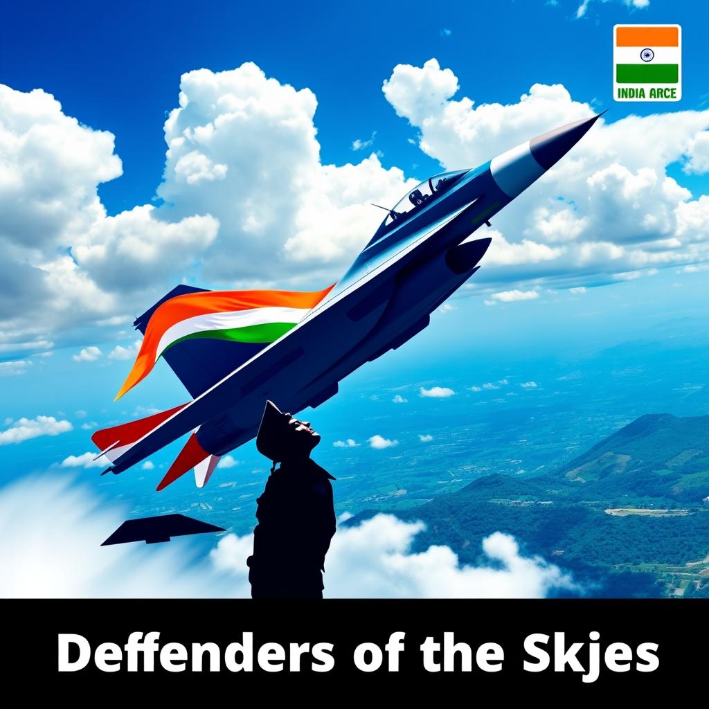 A striking digital poster that embodies the spirit of the Indian Air Force, featuring a majestic fighter jet soaring through a vibrant blue sky, surrounded by fluffy white clouds