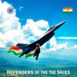 A striking digital poster that embodies the spirit of the Indian Air Force, featuring a majestic fighter jet soaring through a vibrant blue sky, surrounded by fluffy white clouds