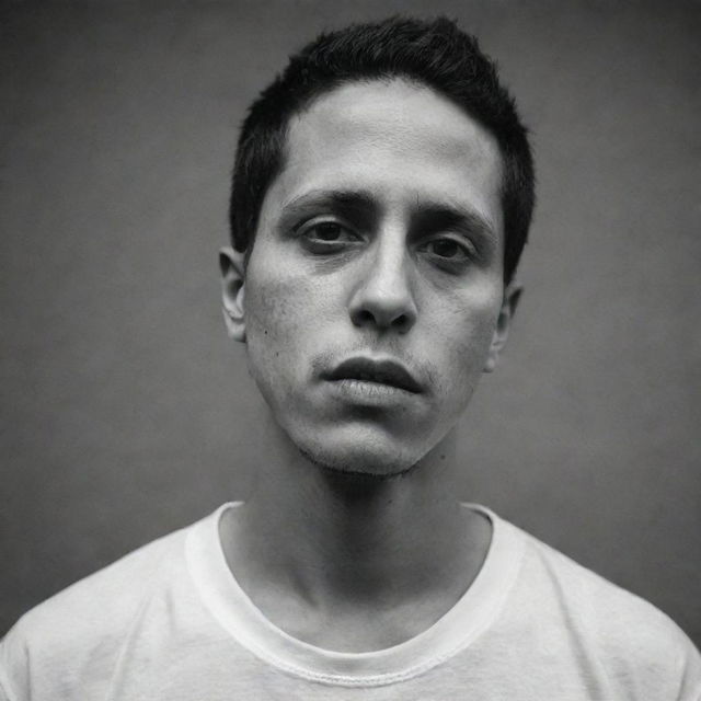 A striking portrait of the late Venezuelan rapper Canserbero, capturing his charismatic persona and deep connection to his music.