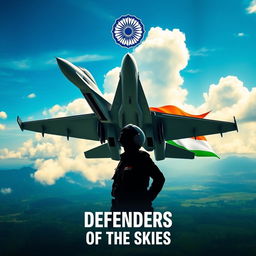 A striking digital poster that embodies the spirit of the Indian Air Force, featuring a majestic fighter jet soaring through a vibrant blue sky, surrounded by fluffy white clouds