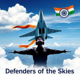 A striking digital poster that embodies the spirit of the Indian Air Force, featuring a majestic fighter jet soaring through a vibrant blue sky, surrounded by fluffy white clouds