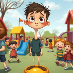 Buster, a boy with big, expressive eyes, is illustrated standing on a slim neck that adds to his quirky charm