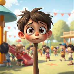 Buster, a boy with big, expressive eyes, is illustrated standing on a slim neck that adds to his quirky charm