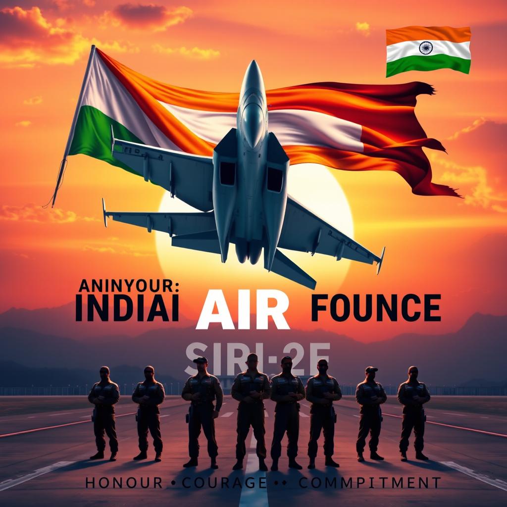 A majestic digital poster depicting the spirit of the Indian Air Force, showcasing a fighter jet soaring through the sky with a vibrant Indian flag billowing behind it