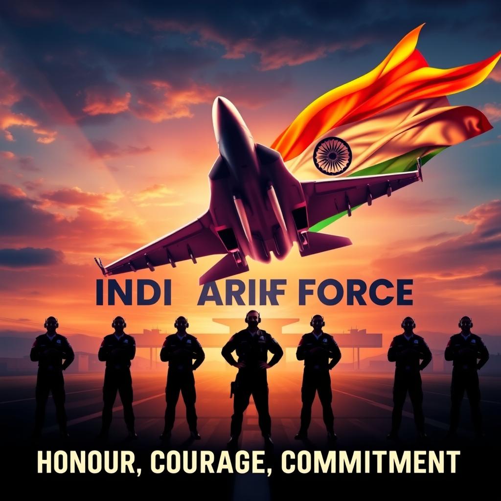 A majestic digital poster depicting the spirit of the Indian Air Force, showcasing a fighter jet soaring through the sky with a vibrant Indian flag billowing behind it