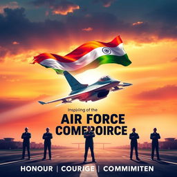 A majestic digital poster depicting the spirit of the Indian Air Force, showcasing a fighter jet soaring through the sky with a vibrant Indian flag billowing behind it