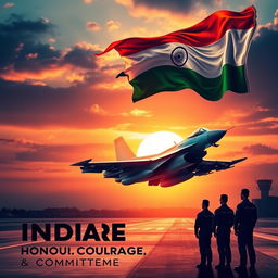 A majestic digital poster depicting the spirit of the Indian Air Force, showcasing a fighter jet soaring through the sky with a vibrant Indian flag billowing behind it