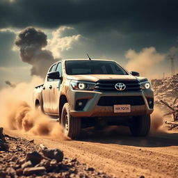 A rugged and powerful Toyota Hilux driving through a desolate war-torn landscape, with debris and smoke in the background, showcasing its durability and off-road capabilities