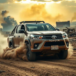 A rugged and powerful Toyota Hilux driving through a desolate war-torn landscape, with debris and smoke in the background, showcasing its durability and off-road capabilities