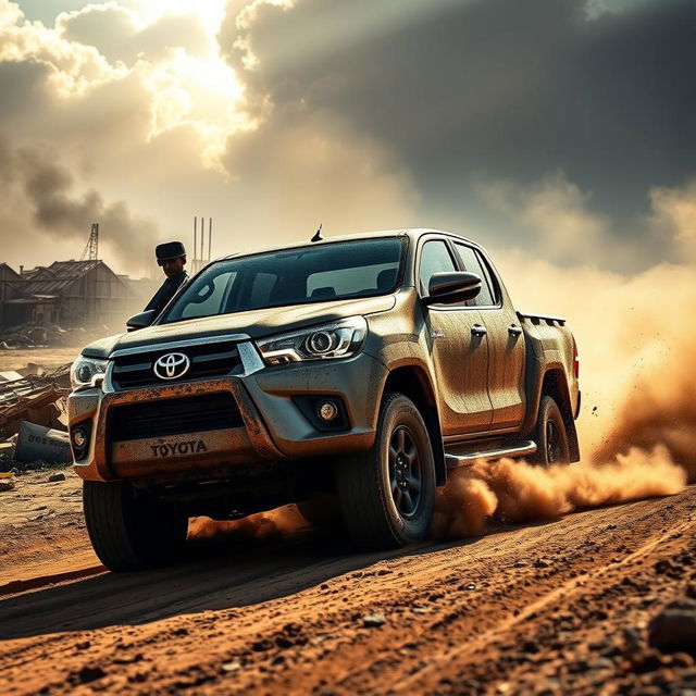 A rugged and powerful Toyota Hilux driving through a desolate war-torn landscape, with debris and smoke in the background, showcasing its durability and off-road capabilities