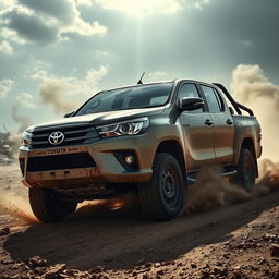 A rugged and powerful Toyota Hilux driving through a desolate war-torn landscape, with debris and smoke in the background, showcasing its durability and off-road capabilities