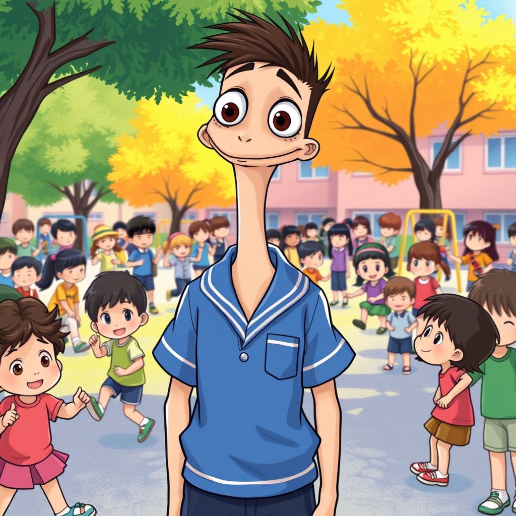 Buster is portrayed wearing a blue and white school uniform, with a distinctive long, skinny neck that supports his large, expressive eyes that seem to shine with curiosity