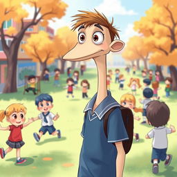 Buster is portrayed wearing a blue and white school uniform, with a distinctive long, skinny neck that supports his large, expressive eyes that seem to shine with curiosity