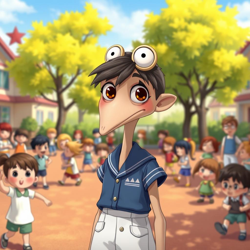 Buster is portrayed wearing a blue and white school uniform, with a distinctive long, skinny neck that supports his large, expressive eyes that seem to shine with curiosity