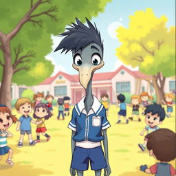 Buster is portrayed wearing a blue and white school uniform, with a distinctive long, skinny neck that supports his large, expressive eyes that seem to shine with curiosity