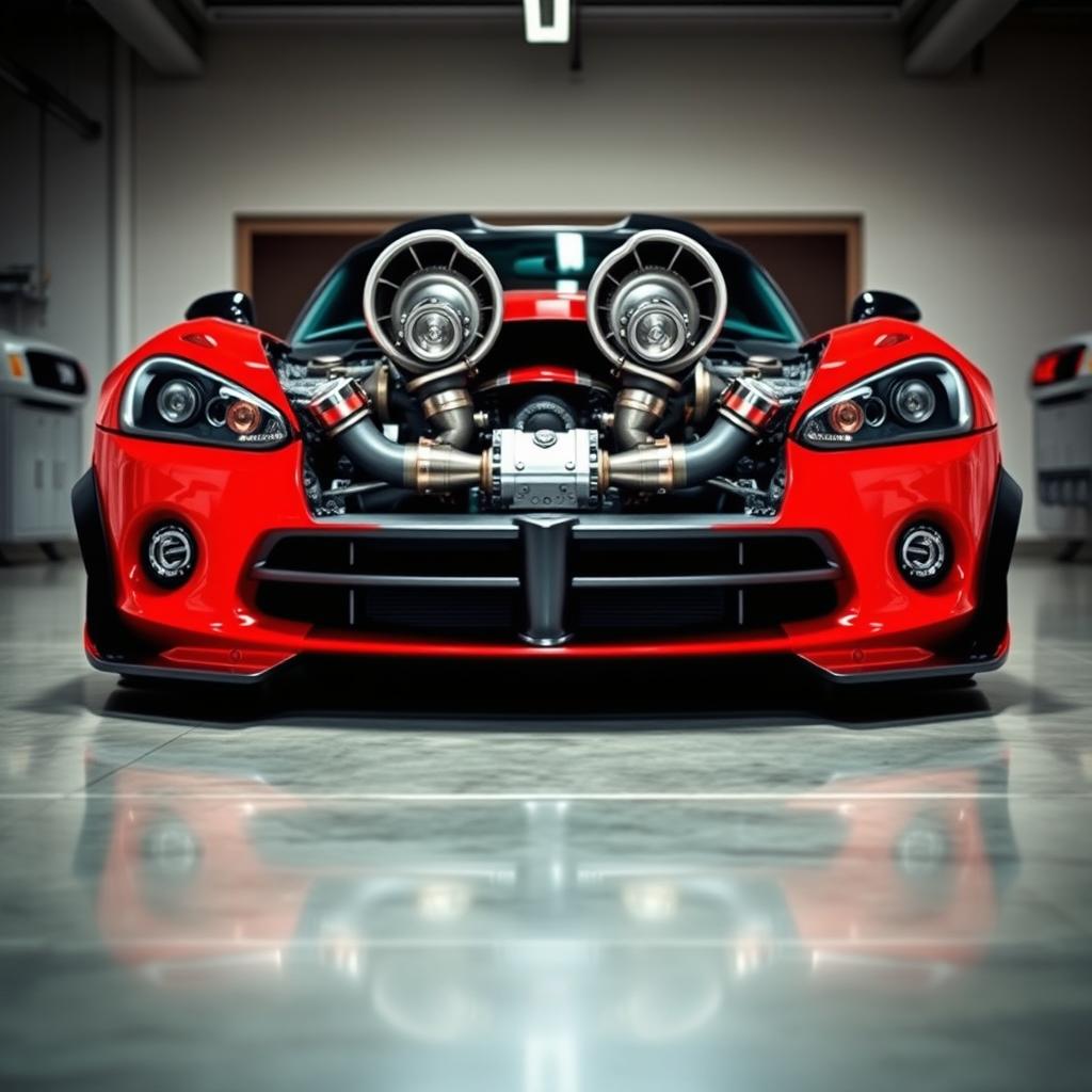 A striking Dodge Viper, modified for extreme performance with two shiny turbochargers and an upgraded engine clearly visible through a transparent hood