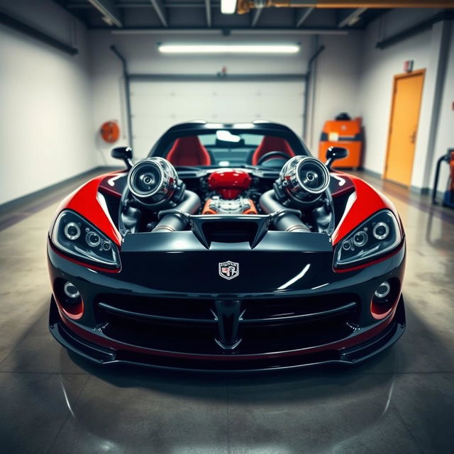 A striking Dodge Viper, modified for extreme performance with two shiny turbochargers and an upgraded engine clearly visible through a transparent hood