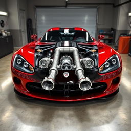 A striking Dodge Viper, modified for extreme performance with two shiny turbochargers and an upgraded engine clearly visible through a transparent hood