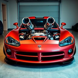 A striking Dodge Viper, modified for extreme performance with two shiny turbochargers and an upgraded engine clearly visible through a transparent hood