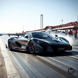 A stunning McLaren P1 poised at a drag strip, sleek lines glistening under the bright race day sun