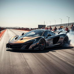 A stunning McLaren P1 poised at a drag strip, sleek lines glistening under the bright race day sun