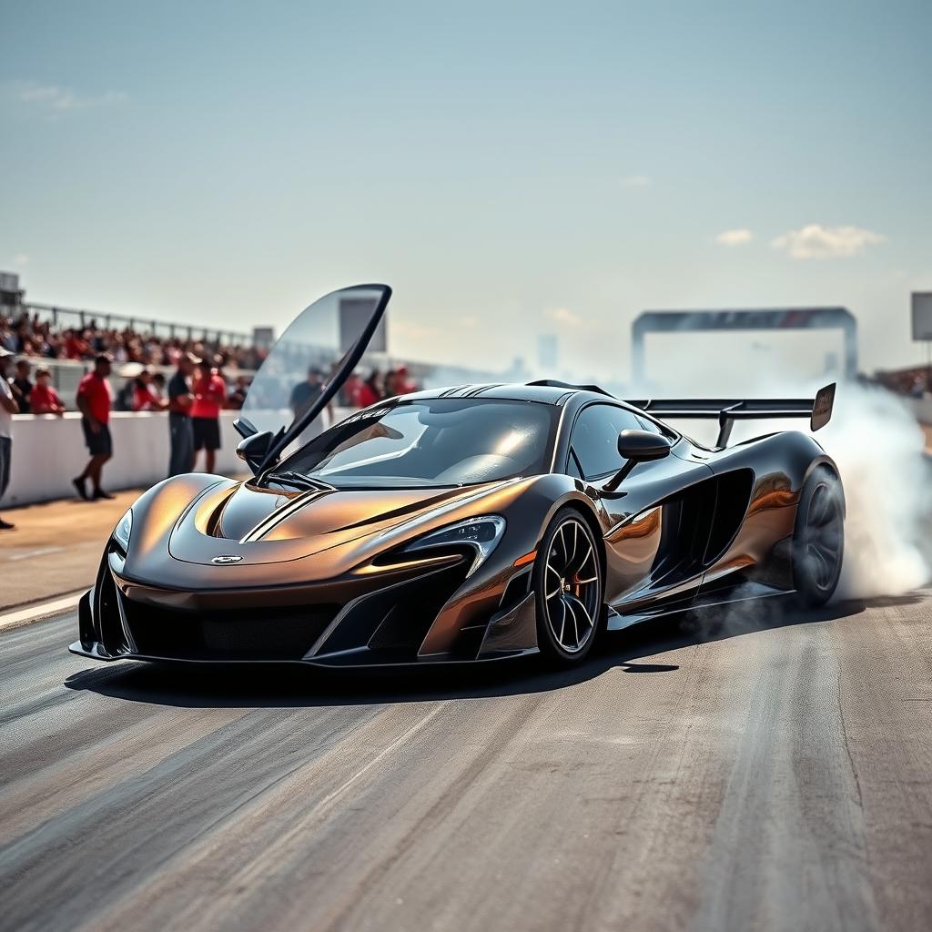 A stunning McLaren P1 poised at a drag strip, sleek lines glistening under the bright race day sun